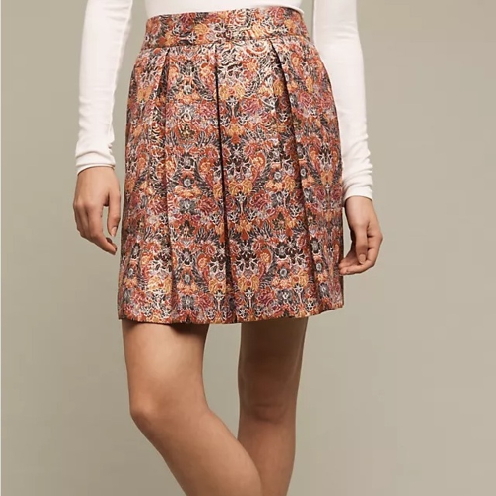 Anthropologie Maeve Rosia Printed Pleated Lined Skirt with Pockets Holiday XS
